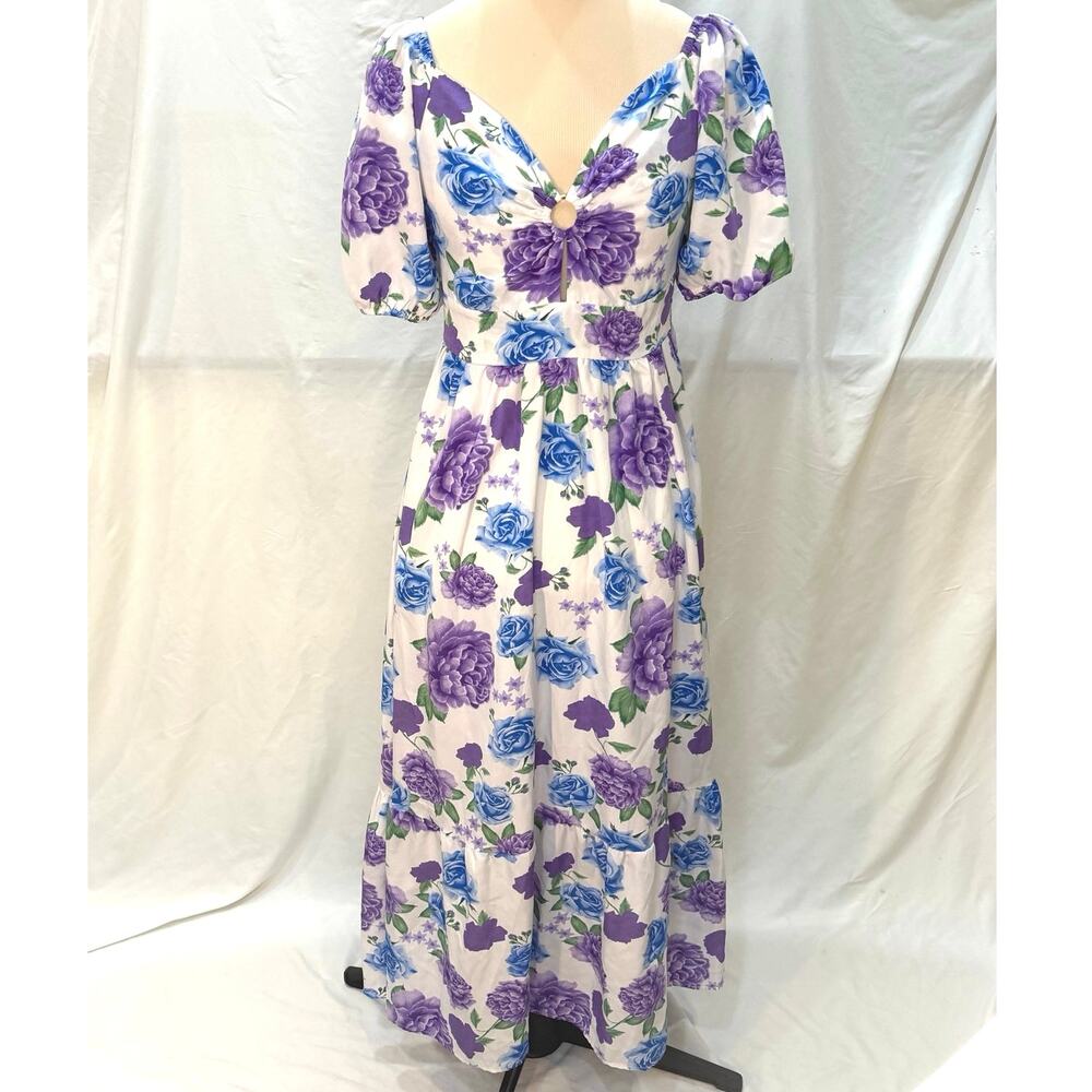 Y&M Floral Maxi Dress Womens S/M Blue Purple Roses Smocked Keyhole Puff Sleeve